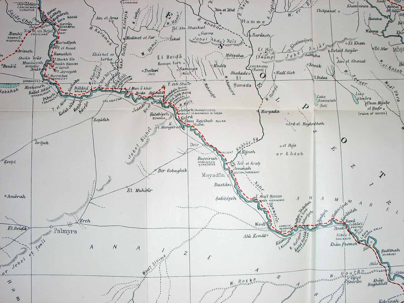 Part of Gertrude Bell's route, 38deg to 42deg, as described in 'Amurath to Amurath', printed size 18cm wide x 13.5cm deep.