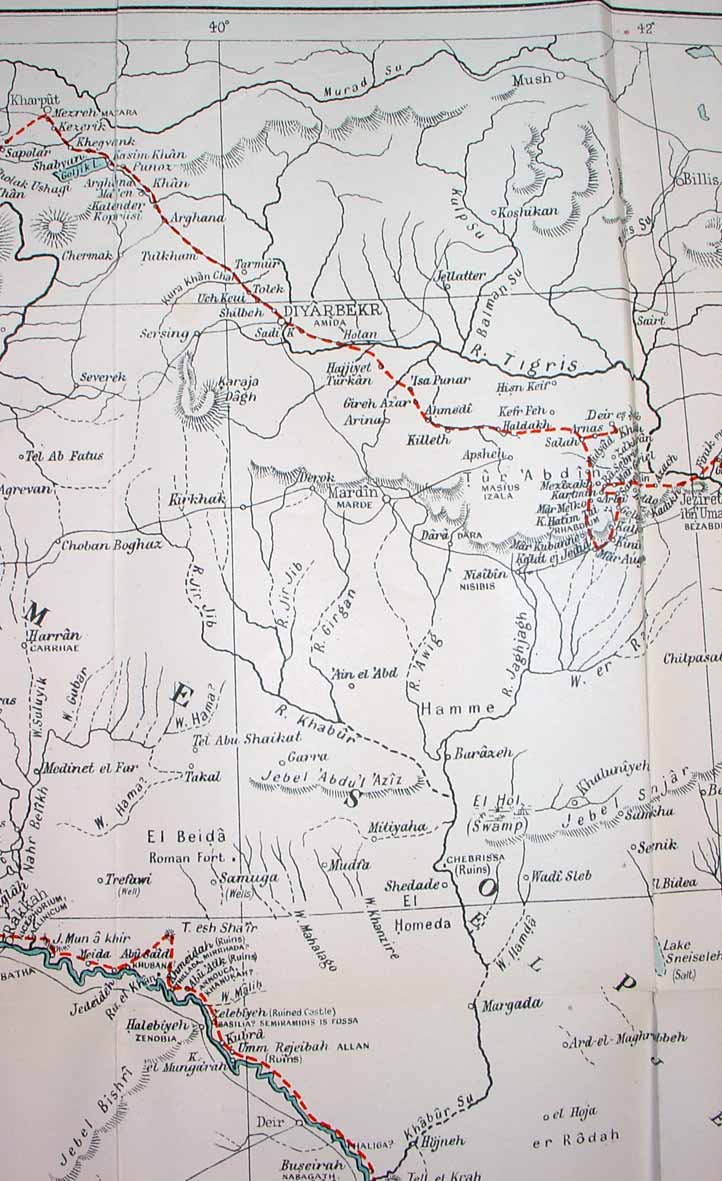 Part of Gertrude Bell's route, 39deg to 42deg, as described in 'Amurath to Amurath', printed size 10.028cm wide x 16.403cm deep.