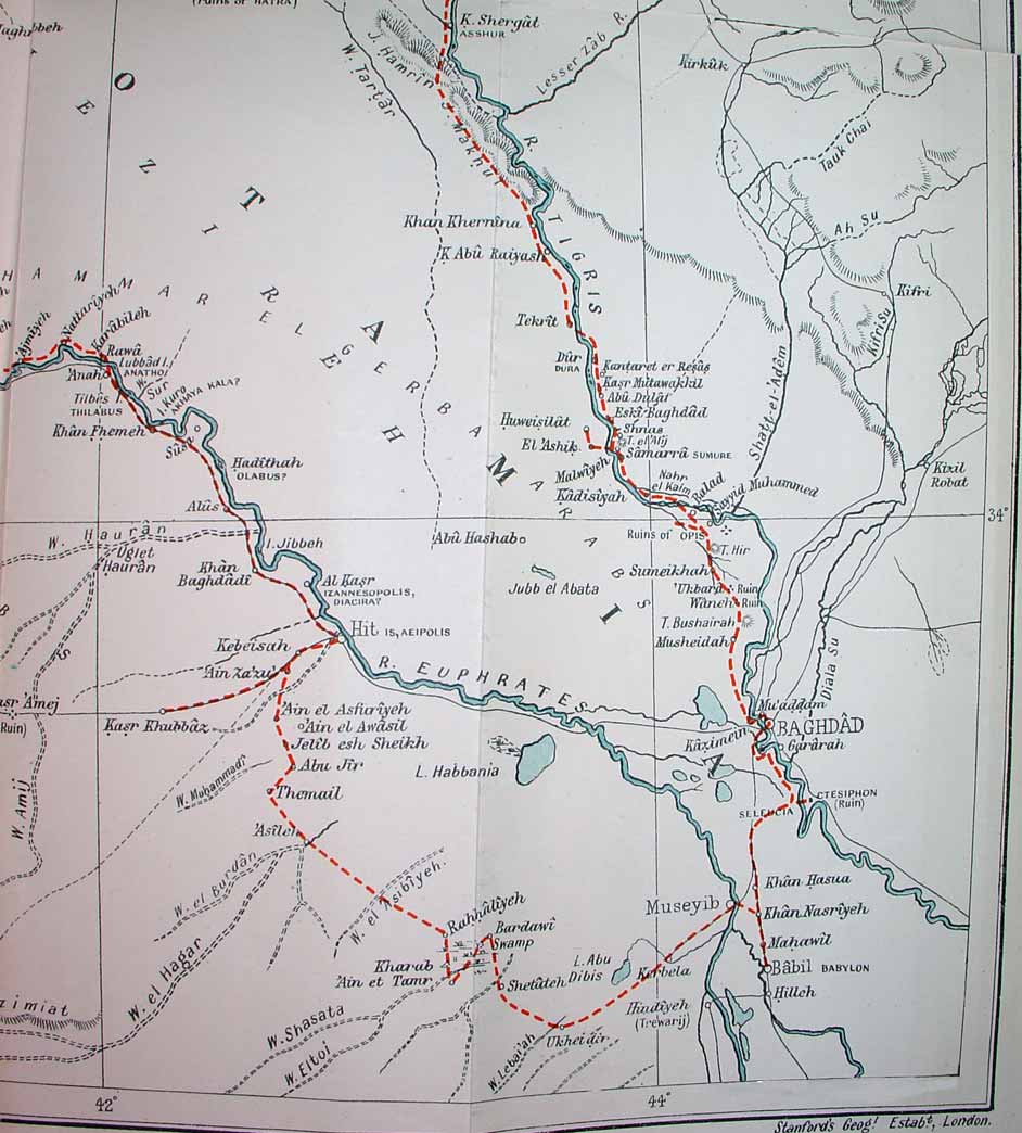 Part of Gertrude Bell's route, 42deg to 45deg, southern part, as described in 'Amurath to Amurath', printed size 13.083cm wide x 14.5cm deep.