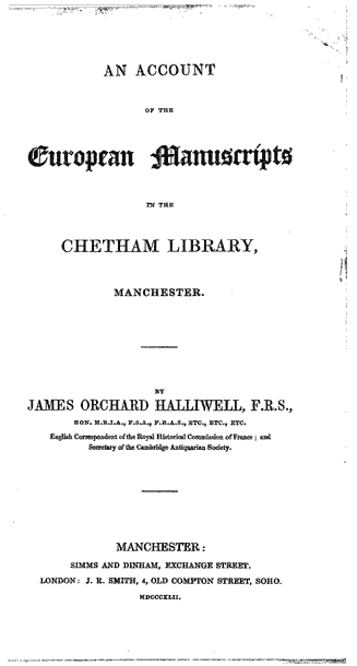 James Halliwell 'An Account of the European Manuscripts in the Chetham Library, Manchester', 1842, title page, original printed page size 10.8cm wide (to spine) by 18.15cm high, original printed text area 7.3cm wide by 14.8cm high.