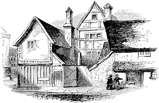 Ancient houses in Henley Street, Stratford upon Avon. From James Halliwell 'The Life of William Shakespeare', 1848, page 107. Original published size 8.5cm wide by 5.5cm high.
