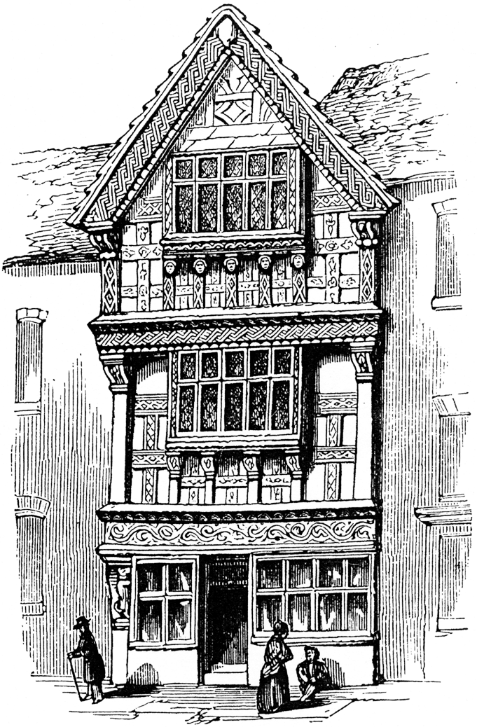 House in High-street, Stratford, dated 1596. From James Halliwell 'The Life of William Shakespeare', 1848, page 134. Original published size 5.5cm wide by 8.7cm high.
