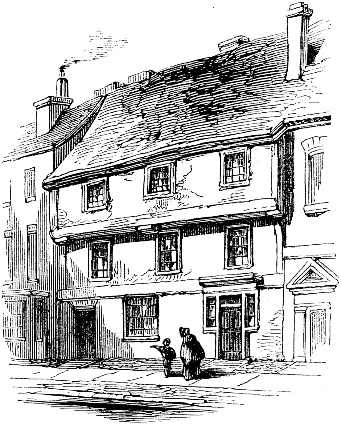 Julius Shaw's house, Stratford upon Avon, 16th century. From James Halliwell 'The Life of William Shakespeare', 1848, page 170. Original published size 5.5cm wide by 6.9cm high.