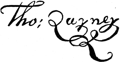 Autograph of Thomas Quiney, Shakespeare's son-in-law. From James Halliwell 'The Life of William Shakespeare', 1848, page 174. Original published size 3.85cm wide by 2cm high.
