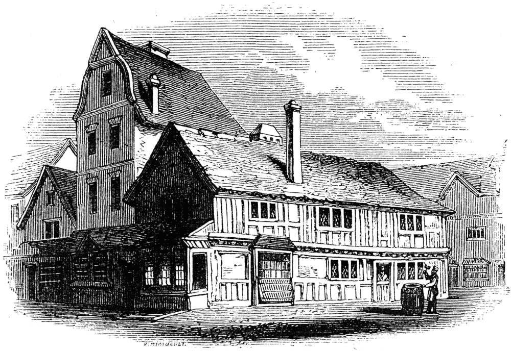 Old houses in Henley Street, Stratford-upon-Avon, 1810. From James Halliwell 'The Life of William Shakespeare', 1848, page 1. Original published size 8.5cm wide by 5.9cm high.