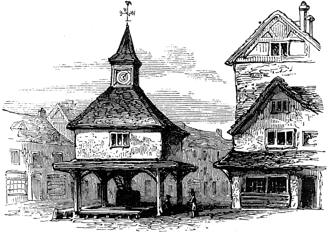Market cross, Stratford-upon-Avon, now pulled down. From James Halliwell 'The Life of William Shakespeare', 1848, page 219. Original published size 8.3cm wide by 6cm high.