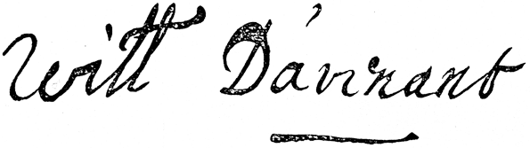 Signature of Sir William Davenant. From James Halliwell 'The Life of William Shakespeare', 1848, page 221. Original published size 7.35cm wide by 2cm high.