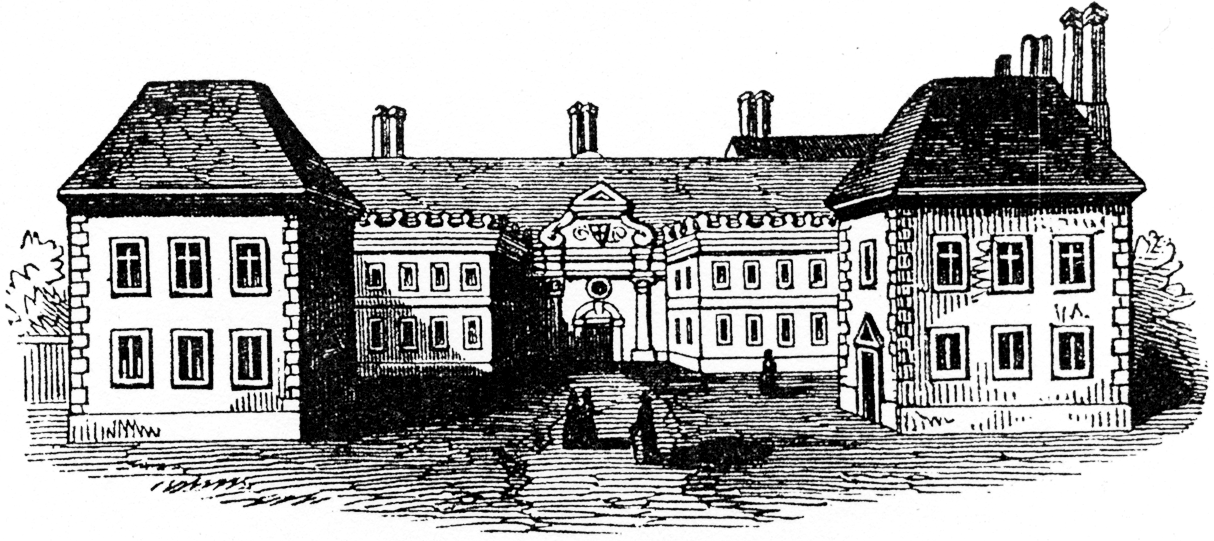 Stratford College, the residence of John Combe. From James  Halliwell 'The Life of William Shakespeare', 1848, page 232. Original published size 7.5cm wide by 3.4cm high.