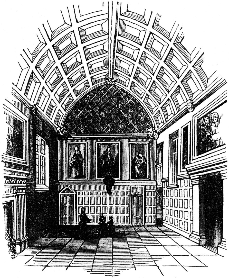 Interior of the Hall of Stratford College, 1785. From James Halliwell 'The Life of William Shakespeare', 1848, page 240. Original published size 5.8cm wide by 7.2cm high.
