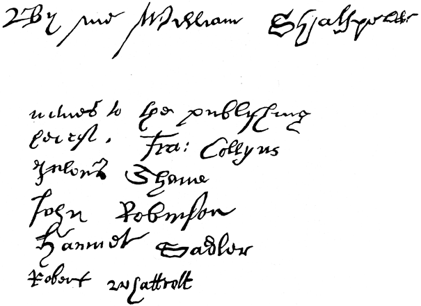 The third signature to the will of William Shakespeare, together with those of the witnesses. From James Halliwell 'The Life of William Shakespeare', 1848, page 278. Original published size 6.9cm wide by 5cm high.