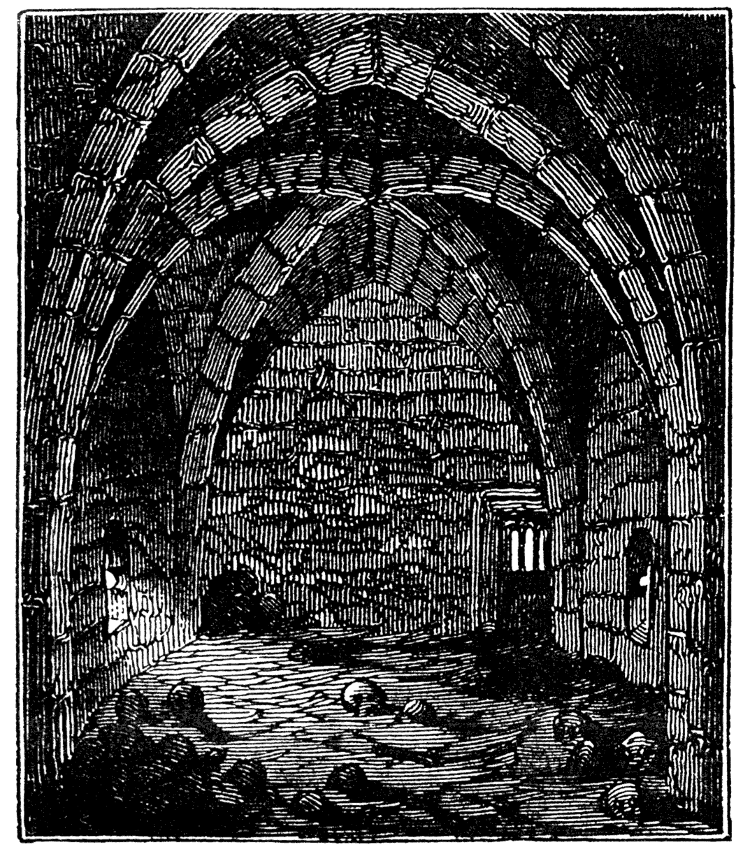 Interior of Charnel House, Stratford upon Avon. From James Halliwell 'The Life of William Shakespeare', 1848, page 287. Original published size 5.7cm wide by 6.7cm high.