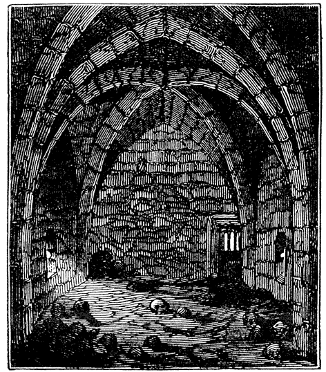 Interior of the Charnel House, Stratford. From James Halliwell 'The Life of William Shakespeare', 1848, page 287. Original published size 5.7cm wide by 6.7cm high.