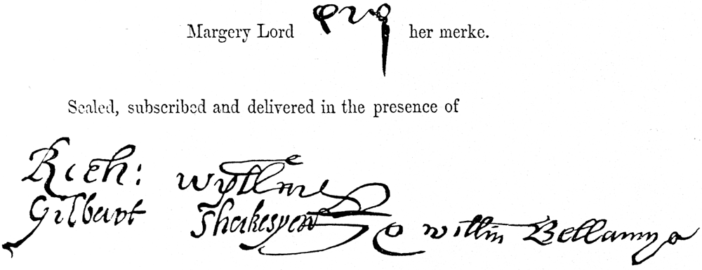Autograph of Gilbert, one of Shakespeare's brothers, with the mark of Margery Lord above. From James Halliwell 'The Life of William Shakespeare', 1848, page 29. Enlargement.