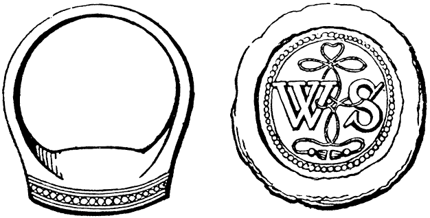 Shakespeare's seal ring. From James Halliwell 'The Life of William  Shakespeare', 1848, page 298. Original published size 5.2cm wide by 2.6cm high.