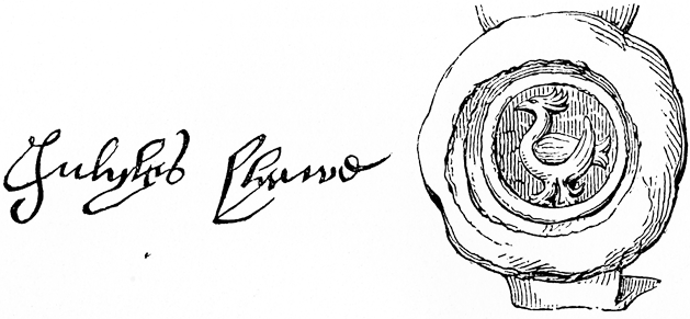 Autograph and seal of Julius Shaw. From James Halliwell 'The Life of William Shakespeare', 1848, page 333.  Original published size 7.9cm wide by 3.5cm high.