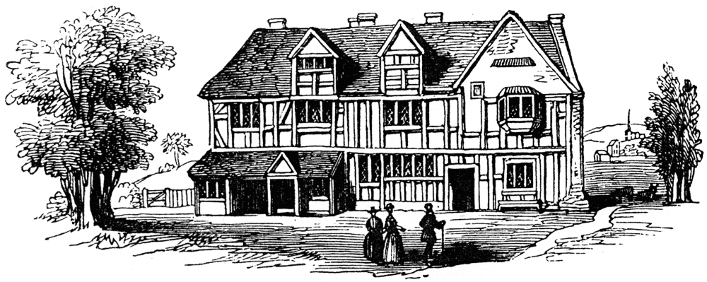 The birthplace of Shakespeare, from an old drawing in the British Museum. From James Halliwell 'The Life of William Shakespeare', 1848, page 33. Original published size 8.9cm wide by 3.6cm high.