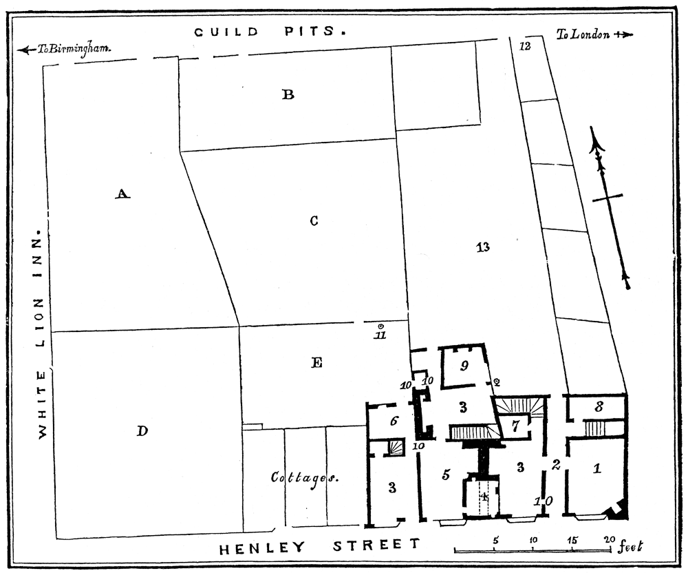 Plan of the Shakespeare property in Henley Street, Stratford upon Avon. From James Halliwell 'The Life of William Shakespeare', 1848, page 35. Original published size 11.3cm wide by 9.5cm high.
