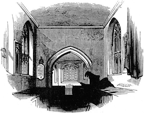 Interior of the Chapel of the Guild, Stratford Upon Avon. From James Halliwell 'The Life of William Shakespeare', 1848, page 95. Original published size 7.1cm wide by 5.7cm high.