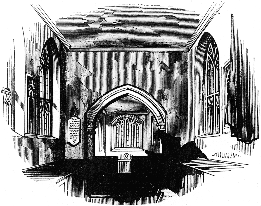 Interior of the Chapel of the Guild, Stratford Upon Avon.  From James Halliwell 'The Life of William Shakespeare', 1848, page 95. Original published size 7.1cm wide by 5.7cm high.