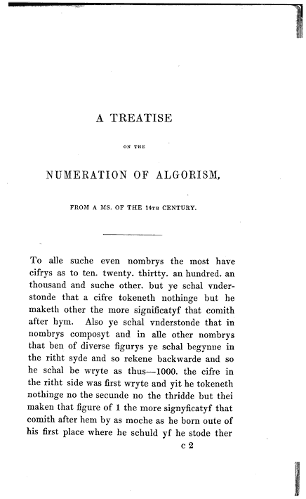 James Halliwell 'A Treatise on the Numeration of Algorism from a MS. of the 14th century', 1838, first page, original published size 13cm wide (to spine) by 21.25cm high.