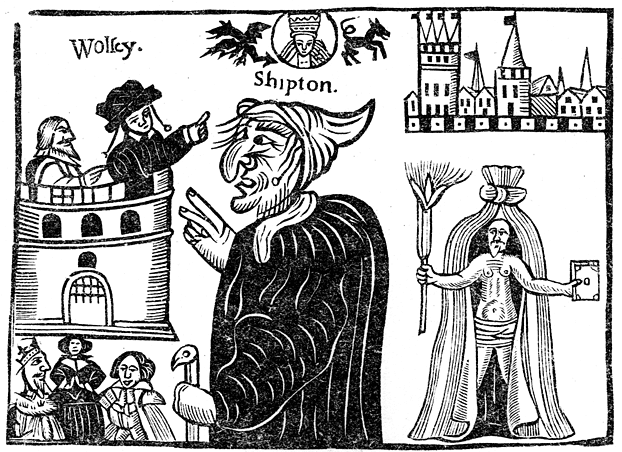 Woodcut of Mother Shipton, printed date 1662, original published size in Halliwell  12.7cm wide x 9.2cm high