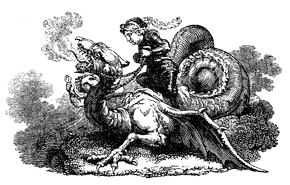 Female on dragon, from Lee Priory Press 'Bertram' 1814, p.v, original published size 7cm wide x 4.2cm high.