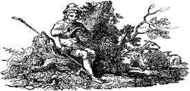Young shepherd sitting on log, from Lee Priory Press 'Original poems by William Browne',  1815, page 129, published size 7.4cm wide