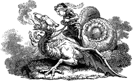 Lady riding dragon, from Lee Priory Press 'Original poems by William Browne',  1815, page 149, published size 7cm wide. (This image is resized from the same in 'Woodcuts & Verses'.)