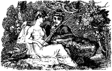 Young lady and lover reclining, from Lee Priory Press 'Original poems by William Browne',  1815, page 28, published size 6cm wide. (This image is resized from the same in 'Woodcuts & Verses'.)