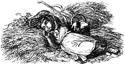 Child sleeping in hay, from Lee Priory Press 'Original poems by William Browne',  1815, page 53, published size 6.7cm wide