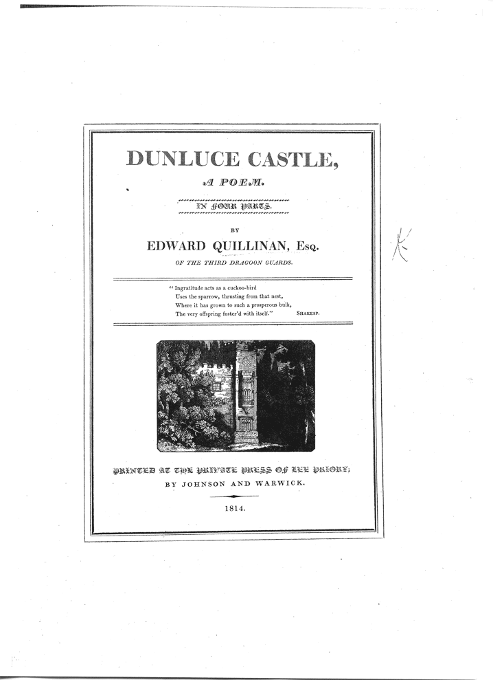 From Edward Quillinan 'Dunluce Castle', 1814, title page,  published size 23.5cm wide by 30cm high (boxed area 13.5cm wide by 18.4-18.3cm high).