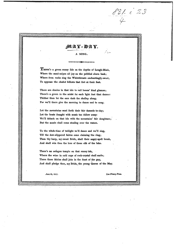 'May-Day', a song by Sir Egerton Brydges, 1817, published in a collection of other single items in similar style, published size (for box area) 12.4cm wide by 15.2cm high, in a page 17.9cm wide by 22.8cm high.