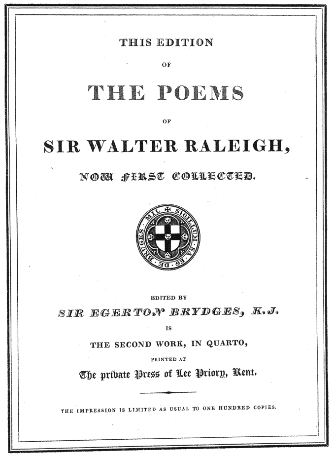 Inner title page, from Lee Priory Press 'The Poems of Sir Walter Raleigh', 1813, published size 14.31cm wide by 19.6cm high.