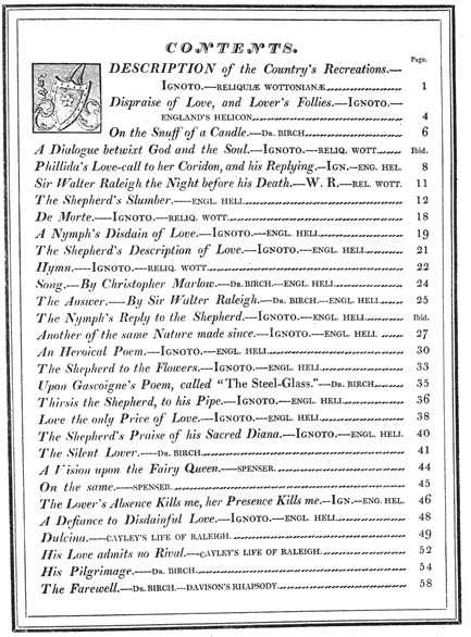 Contents page, from Lee Priory Press 'The Poems of Sir Walter Raleigh' 1813, page 39, published size 14.46cm wide by 19.58cm high.