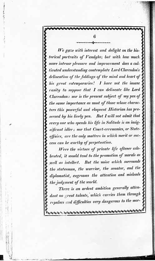 Showing continuing page style. From Sir Egerton Brydges 'Character of Lord Rokeby' 1817, page 6, published size of box area 9.9cm wide by 18cm high.