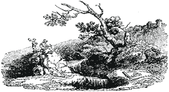 Stone breaker on rock in countryside overlooked by turrets and outer wall. From Lee Priory Press 'Five Sonnets' 1819, page 1, original published size 6.5cm wide by 3.5cm high.