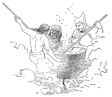 The three witches stirring the contents of a cauldron