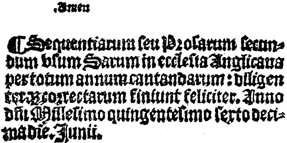 Colophon of the Expositio Sequentiarum, 1506, printed size 7.4cm wide x 3.7cm deep