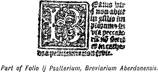 Beginning of first psalm, Breviarium Aberdonensis, printed size 3.65cm wide x 2.4cm deep.