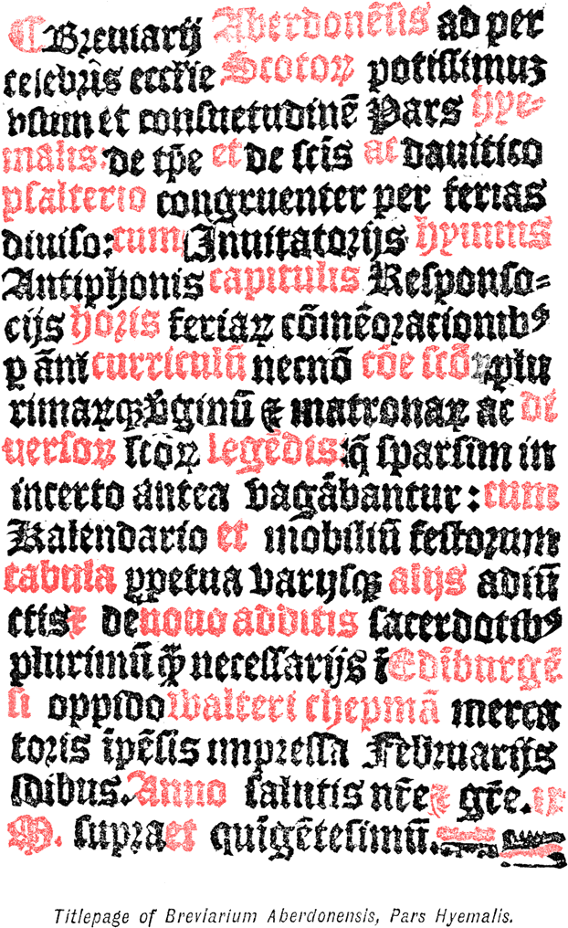 Titlepage of Breviarium Aberdonensis, Pars Hyemalis, 1509 (coloured manually via Adobe Photoshop after original colouring) printed size 7.9cm wide x 12.0cm deep.