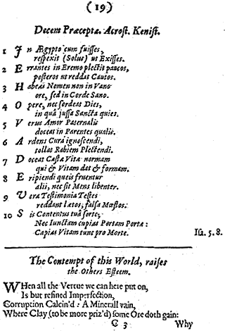Decem Praecepta. Acrost. Kenist. & The Contempt of this World from Mildmay Fane 'Otia Sacra' 1648, printed size 11.25cm wide by 16.65cm high