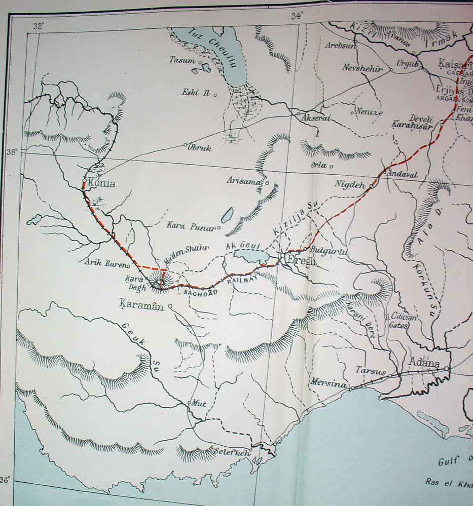 Part of Gertrude Bell's route, 32deg to 35deg, as described in 'Amurath to Amurath', printed size 12.958cm wide x 13.875cm deep.