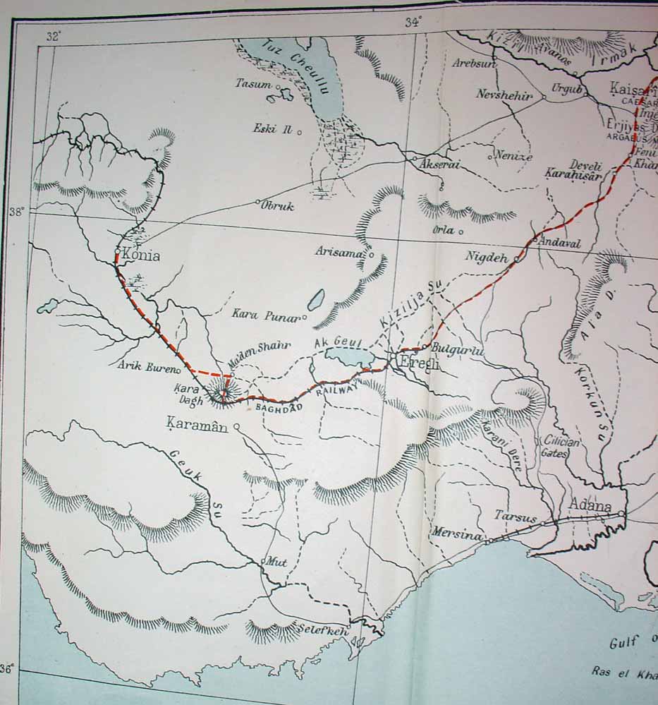 Part of Gertrude Bell's route, 32deg to 35deg, as described in 'Amurath to Amurath', printed size 12.958cm wide x 13.875cm deep.