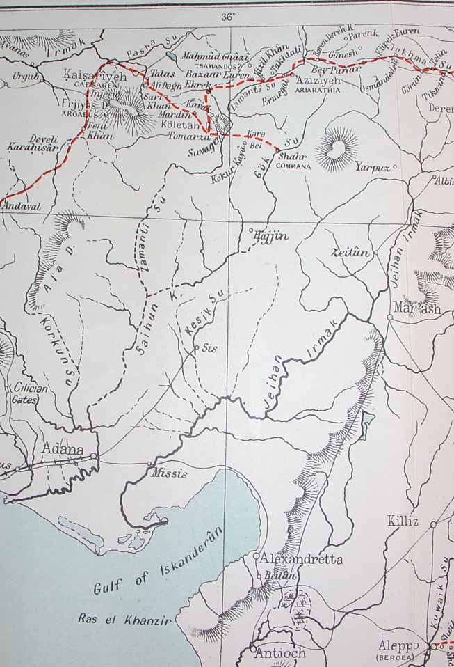 Part of Gertrude Bell's route, 35deg to 37deg, as described in 'Amurath to Amurath', printed size 9.069cm wide x 13.306cm deep.