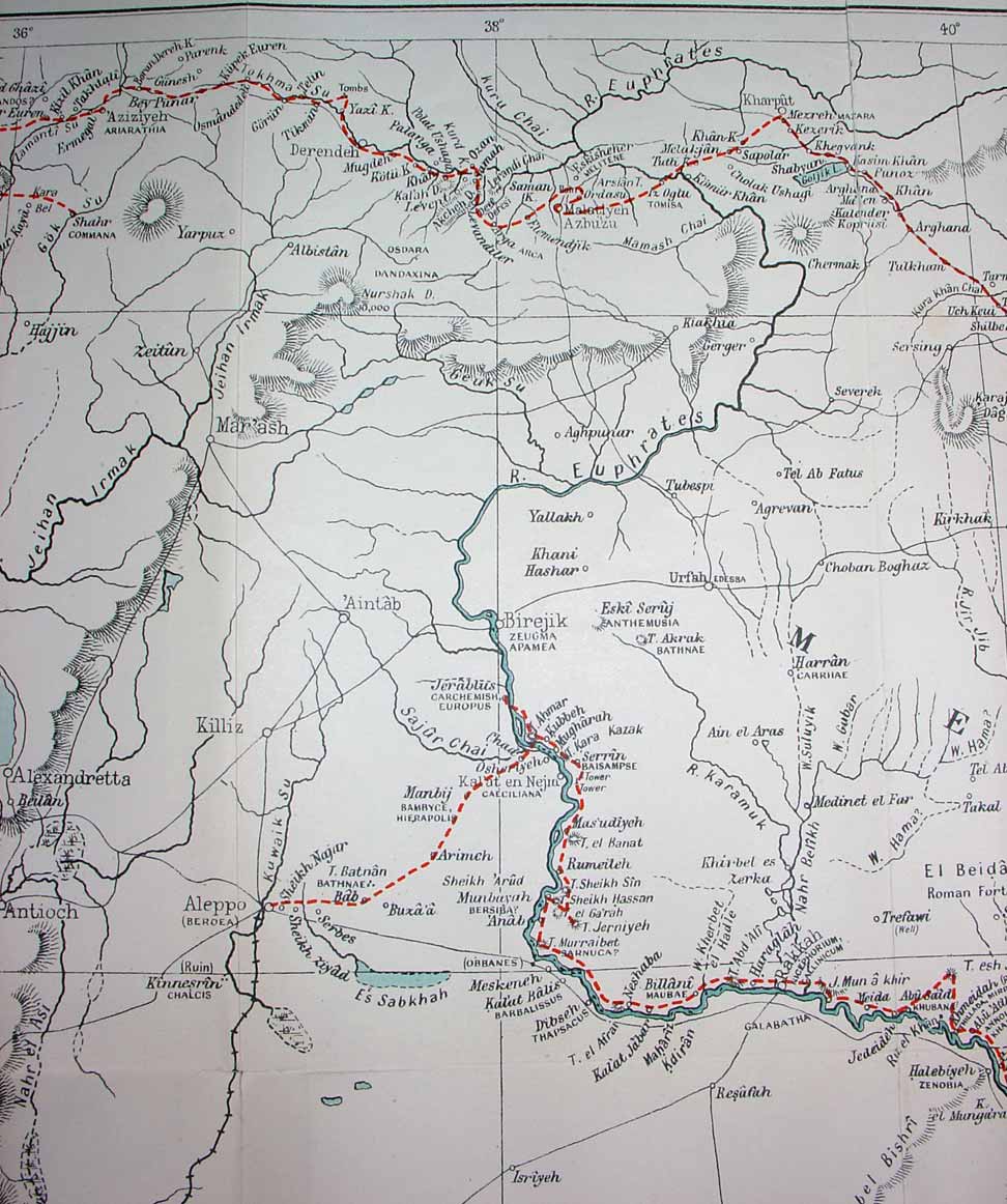 Part of Gertrude Bell's route, 36deg to 40deg, as described in 'Amurath to Amurath', printed size 13.5cm wide x 16.139cm deep.