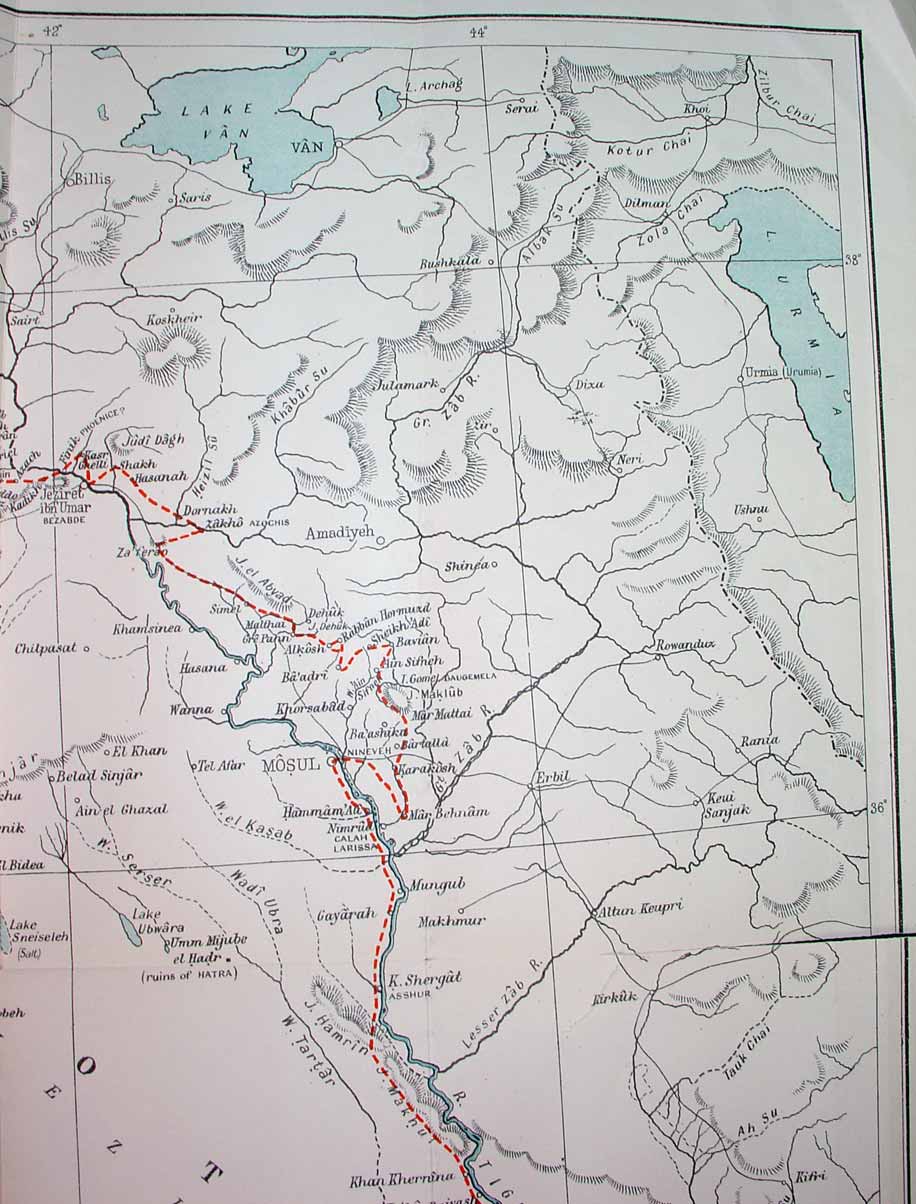 Part of Gertrude Bell's route, 42deg to 45deg, northern part, as described in 'Amurath to Amurath', printed size 12.722cm wide x 16.722cm deep.