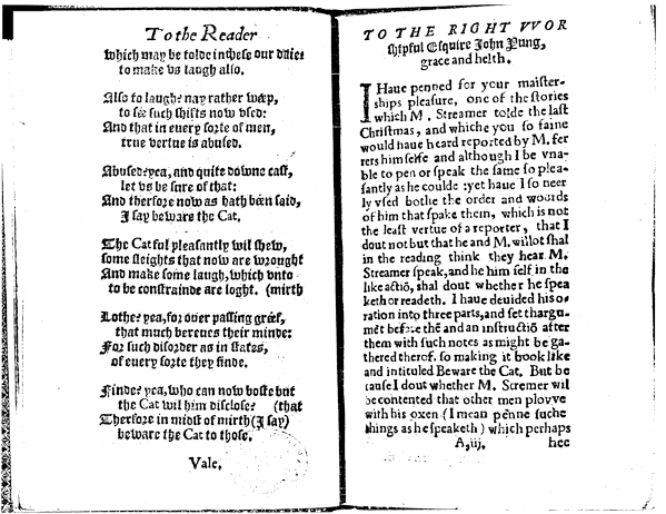 G.B. or William Baldwin 'Beware the cat', 1584, page 2-3, original published size excluding binding 17.4cm wide by 14cm high.