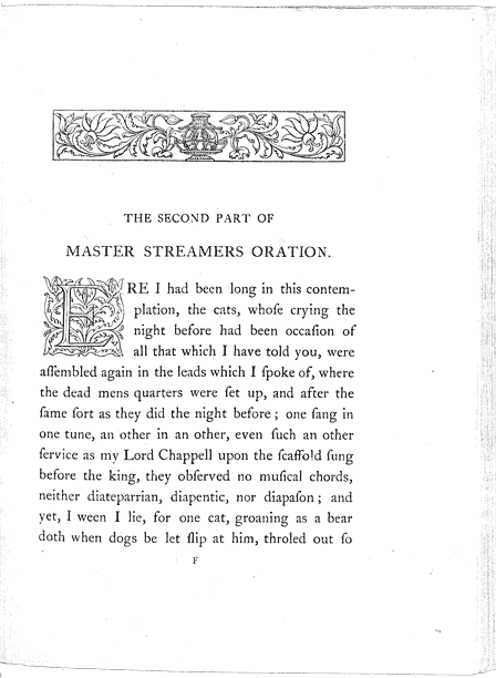 James Halliwell (ed): William Baldwin 'Beware the cat' (reproduced from transcript of 1570 edition) 1864, page 41, original published size 13.3cm wide to binding by 17.9cm high.