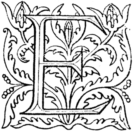 James Halliwell (ed): William Baldwin 'Beware the cat' (reproduced from transcript of 1570 edition) 1864, page 41 letter 'E', original published size 2.2cm wide by 2.1cm high.