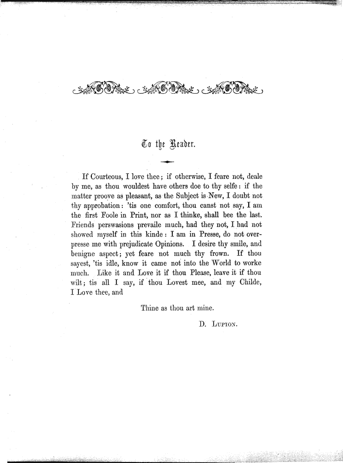 James Halliwell (ed) 'Books of Characters, illustrating the Habits and Manners of English', 1857, London & the Country by D.Lupton, To the Reader, page 261. Original published text area 11.5cm wide by 14.8cm high.